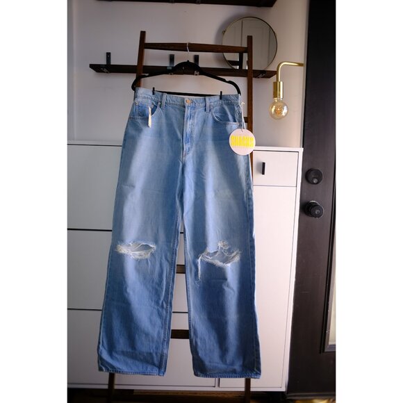 MOTHER Snacks The Slung Sneak Wide Leg Jeans Ripped Knee Blue US30